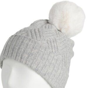 NEW HANNAH ROSE Merino Wool  knit Hat with Faux Pom Pom grey 267tn